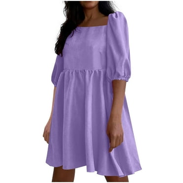 Npasoilc Summer Dresses for Women Short Puff Sleeve Square Neck Pleated Ruffle Flowy Hem Patchwork SOlid Color Casual Loose Dress