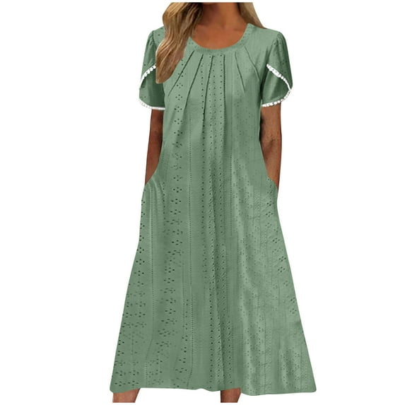 Npasoilc Summer Dresses for Women Tiered Short Sleeve Pleated Round Neck Eyelet Breathable Solid Color Casual Loose Dress