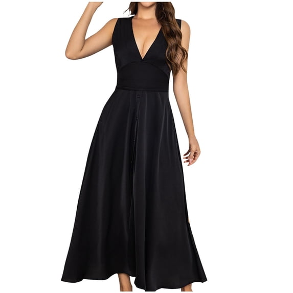 Npasoilc Summer Dresses for Women 2024 Trendy Sleeveless V-Neck High Waisted A-line Flowy Ruffle Hem Button Slit Solid Color Casual Slim-Fit Dress