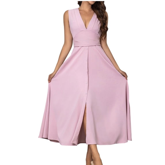 Npasoilc Summer Dresses for Women 2024 Trendy Sleeveless V-Neck High Waisted A-line Flowy Ruffle Hem Button Slit Solid Color Casual Slim-Fit Dress