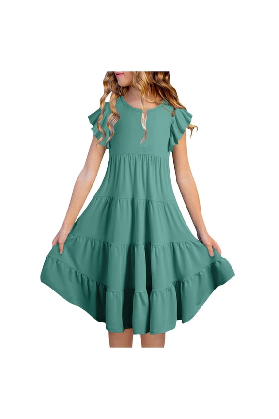 Summer Dresses For grils Spring Going Out sun dresses Fashion Girls' Summer New Short Sleeve Ruffled Pockets Round-Neck Solid Dress