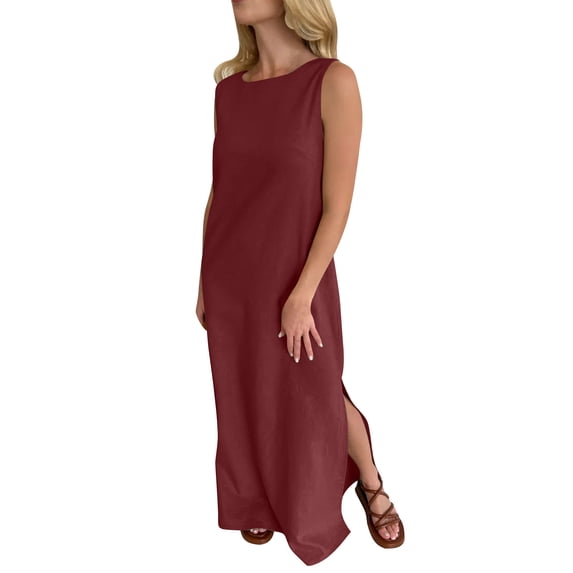 Npasoilc Summer Maxi Dress for Women Crew Neck Sleeveless Tank Dress Solid Color Casual Loose Side Split Dress