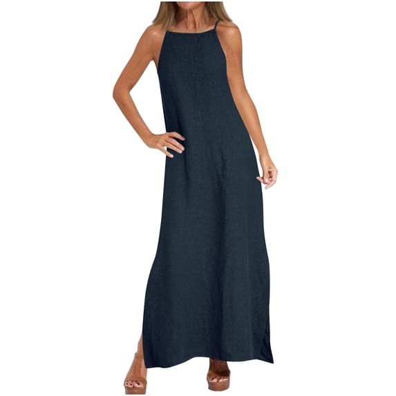 Npasoilc Summer Maxi Dress for Women Sleeveless Solid Color Skirt Casual Loose A-Line Linen Tank Dresses