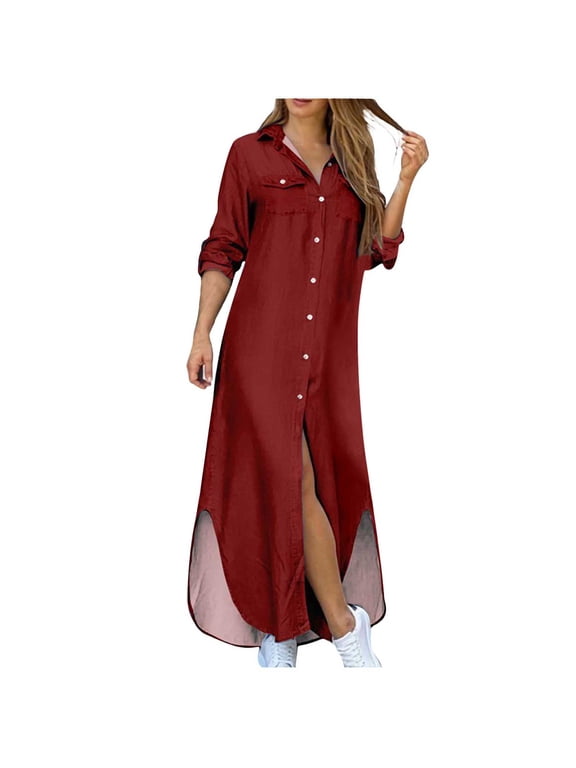 Summer Maxi Dresses for Women V-Neck Long Sleeve Button Down Shirts Casual loose Side Split Blouse Dress with Pockets