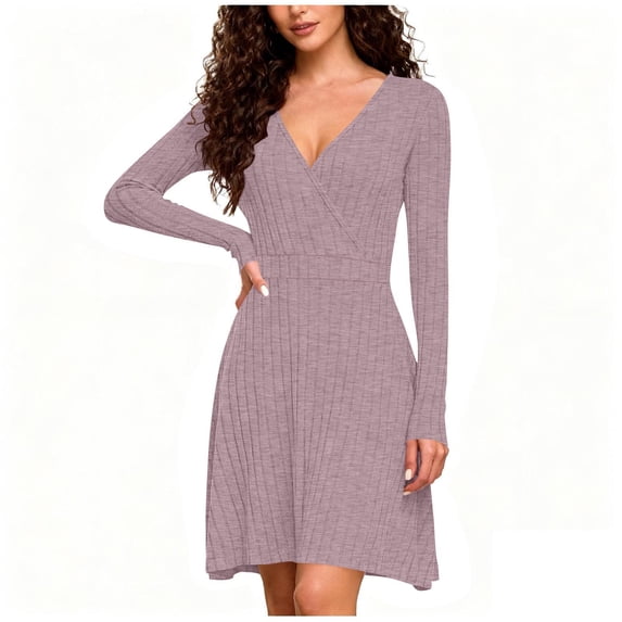 Npasoilc Summer Mini Dress for Women Casual V-Neck Long Sleeve A-Line Pleated Skirt Solid Color Flowy Short Dresses