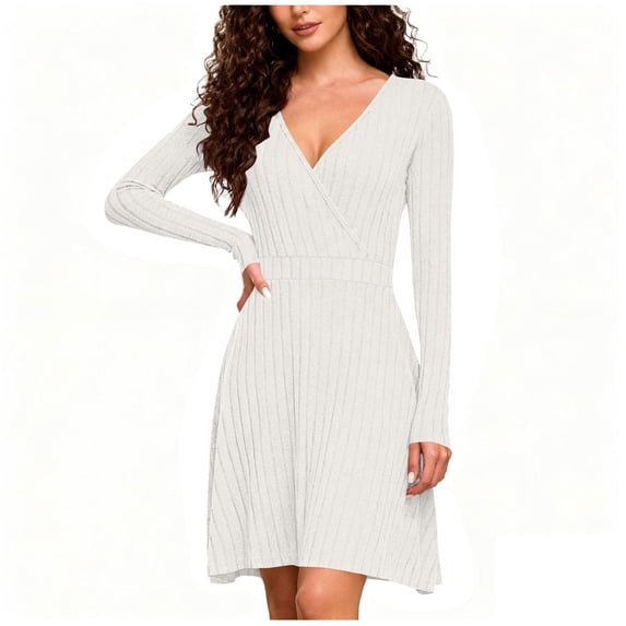 Npasoilc Summer Mini Dress for Women Casual V-Neck Long Sleeve A-Line Pleated Skirt Solid Color Flowy Short Dresses