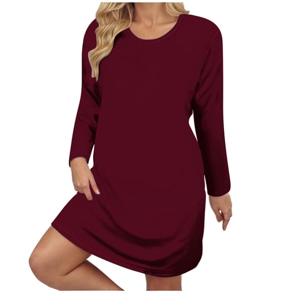 Npasoilc Summer Mini Dress for Women Crew Neck Long Sleeve T-Shirt Dress Loose Solid Color Flowy Short Skirt