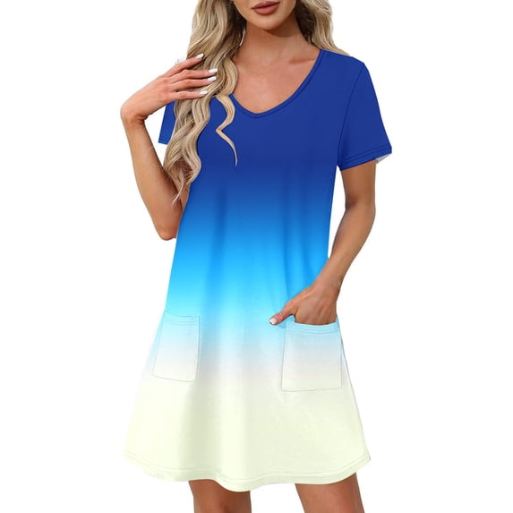Npasoilc Summer Mini Dress for Women V-Neck Short Sleeve Pleated Skirts Casual loose Ruffle Dress with Pockets