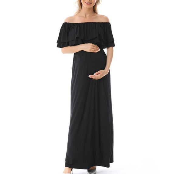 Npasoilc Summer Nursing Dress for Women Elastic Waist Off-THe-Shoulder Patchwork Ruffle Cover Up Maternity Breastfeeding Solid Color Casual Loose Maxi Dress
