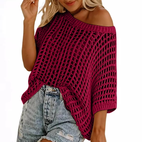 Npasoilc Summer Off Shoulder Sweater for Women Crew Neck Short Sleeve Sweater Casual Knit Pullover Shirts Tops Beach Coverup