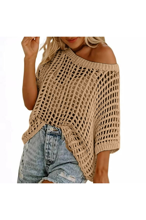 Summer Off Shoulder Sweater for Women Crew Neck Short Sleeve Sweater Casual Knit Pullover Shirts Tops Beach Coverup