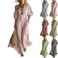 thumbnail image 1 of Npasoilc Summer One Shoulder Maxi Dress for Women Striped Puff Loose Flowy Loose Short Sleeve Casual Long Skirt Beach Vacation Dresses, 1 of 6