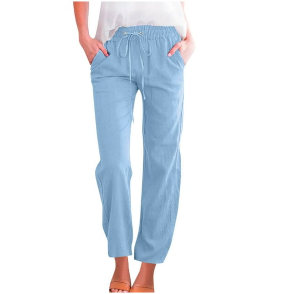 Npasoilc Summer Pants for Men Cotton Linen Drawstring Elastic High Waist Straight Leg Breathable Trousers Solid Color Casual Loose Sweatpants