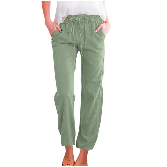 Npasoilc Summer Pants for Men Cotton Linen Drawstring Elastic High Waist Straight Leg Breathable Trousers Solid Color Casual Loose Sweatpants