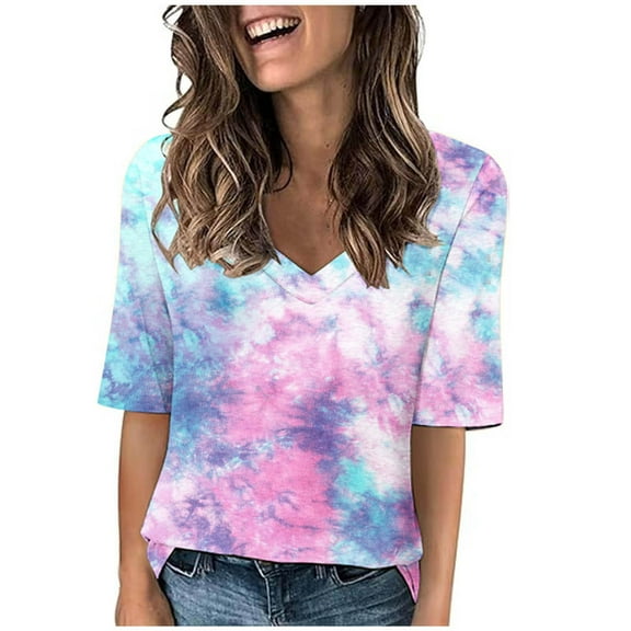Npasoilc Summer Plus Size Short Sleeves for Women V-Neck Half-Sleeve T-Shirt Tops Casual Loose Blouse Pullover