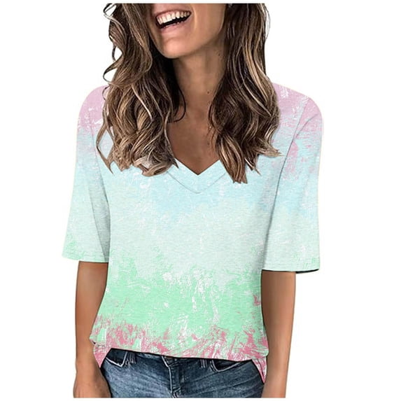 Npasoilc Summer Plus Size Short Sleeves for Women V-Neck Half-Sleeve T-Shirt Tops Casual Loose Blouse Pullover