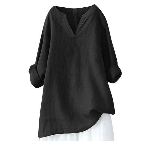Npasoilc Plus size Pullover for Women V-Neck Casual Loose Long Sleeve Tops Cotton and Linen Lightweight Blouse Shirts