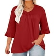 thumbnail image 1 of Npasoilc Summer Plus Size Tops for Women 2024 Trendy 3/4 Ruffle Sleeve V-Neck Pleated Blouse Solid Color Casual Loose T-Shirts, 1 of 6