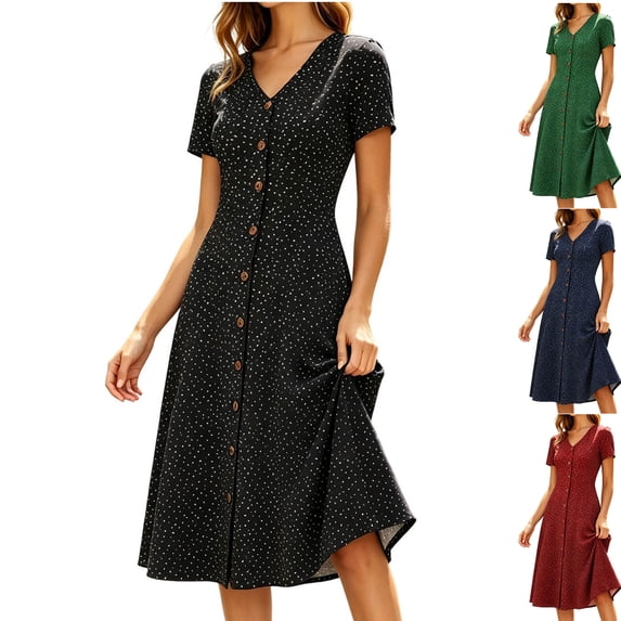 Npasoilc Summer Short Dress for Women Casual V-Neck Short Sleeve High Waist Elastic Knitting With Button Beach Skirt A-Line Flowy Dresses