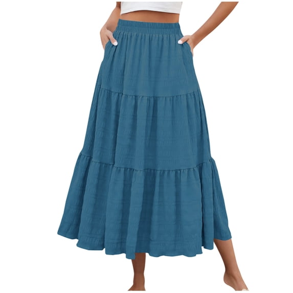 Npasoilc Summer Skirts for Women Casual Long Skirt With Elastic High Waist A Line Half Skirts with Pockets and Flowy Maxi Skirt