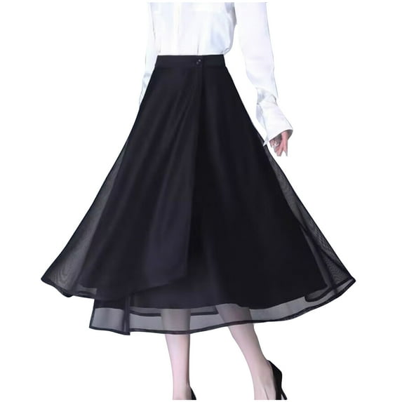 Npasoilc Summer Skirts for Women Trendy High Waist Button Thin Breathable A-Line Tiered Draping Flowy Hem Solid Color Casual Mid-Length Skirt