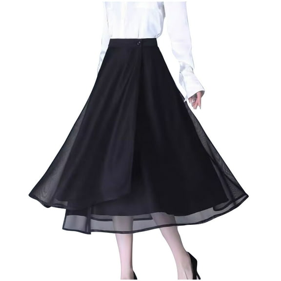 Npasoilc Summer Skirts for Women Trendy High Waist Button Thin Breathable A-Line Tiered Draping Flowy Hem Solid Color Casual Mid-Length Skirt
