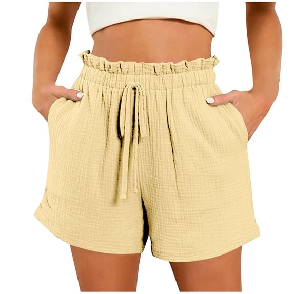 Npasoilc Summer Straight Leg Shorts for Women Casual Solid Color Elastic High Waist Drawstring Loose Shorts with Pockets