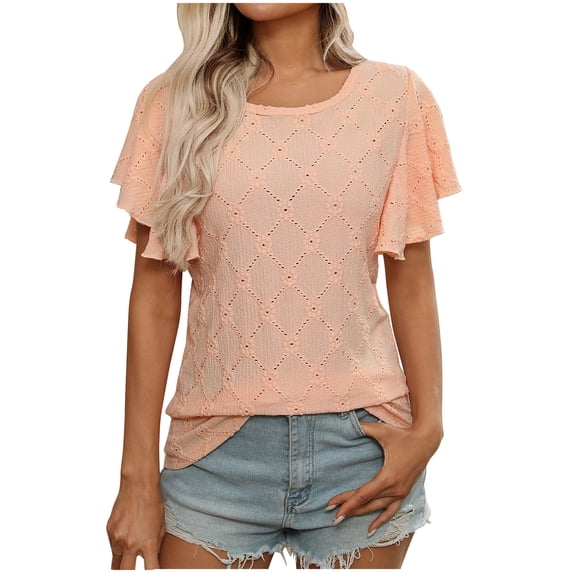 Npasoilc Summer T-Shirt for Women Crew Neck Short Sleeve Tops Loose Casual Solid Color Hollow Leaf Sleeve Short Sleeved Shirt
