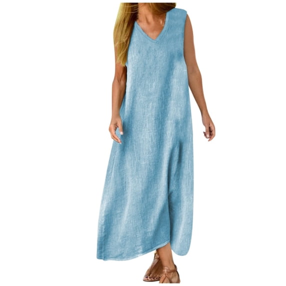 Npasoilc Summer Tank Maxi Dress for Women V-Neck Sleeveless Long Dress Solid Color Casual Loose Flowy Dresses