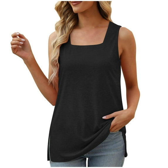 Npasoilc Summer Tank Top for Women Sleeveless Square Neck Side Slit Hem Breathable Blouse Solid Color Casual Loose Tank Shirts