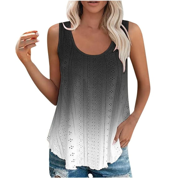 Npasoilc Summer Tank Top for Women Trendy Sleeveless Round Neck Eyelet Irregular Hem Pullover Cami Blouse Tops Printed Casual Loose Tank Shirts