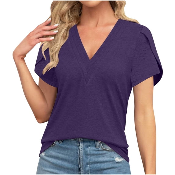 Npasoilc Summer Top For Women 2024 V-Neck Floral Print Short Sleeve Loose Fitting Tunic Tops Casual Solid Color T Shirt