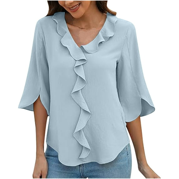 Npasoilc Summer Tops For Women Short Sleeve V Neck Shirts Casual Ruffled Top Comfy Basic Tunic Tees Solid Color Soft Blouses