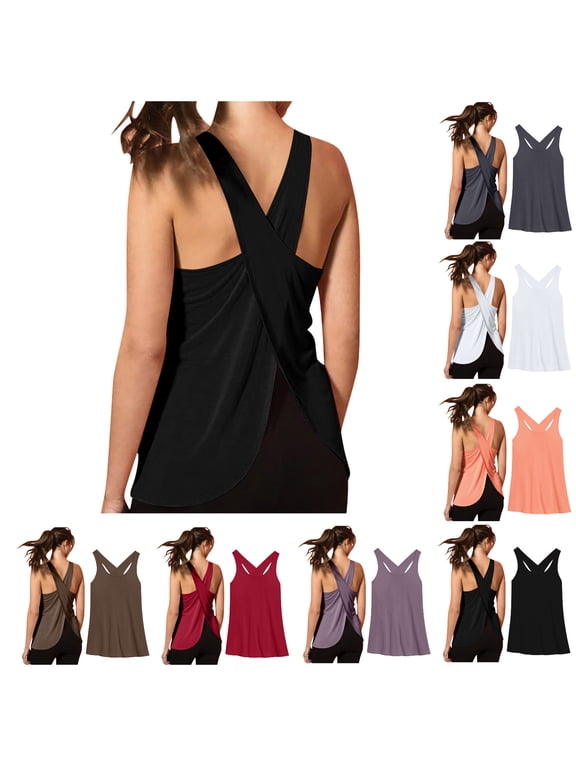 Summer Tops For Women Open Back Workout Top Backless Yoga Shirts Tie Back Exercise Tank Activewear Shirts Athletic Gym Tank Tops