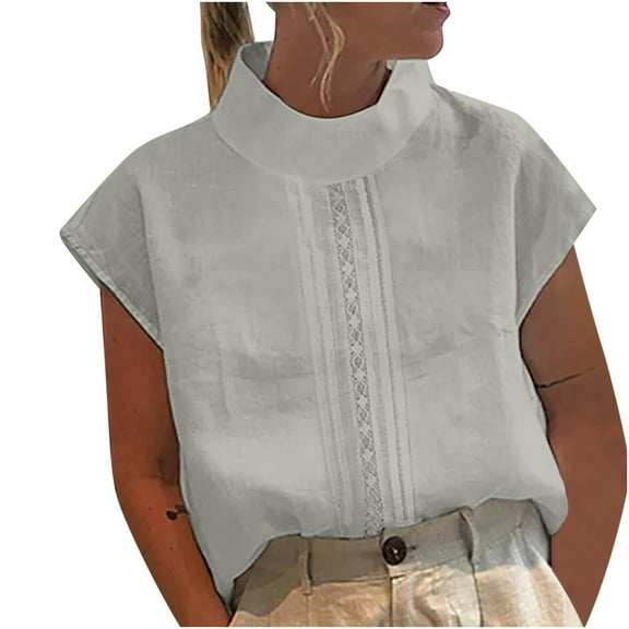 Npasoilc Summer Tops for Women Cotton And Linen Short Sleeve High Round Neck Breathable Eyelet Embroidery Blouse Solid Color Casual Loose T-Shirt Tops