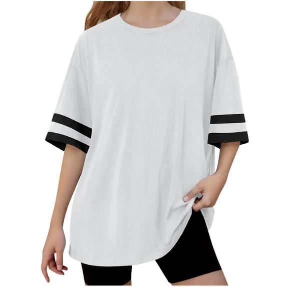 Npasoilc Summer Tops for Teenage Color Block Short Sleeve Round Neck Pullover Shirts Lightweight Breathable Blouse Tops Casual Loose T-Shirts