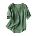 thumbnail image 1 of Npasoilc Summer Tops for Women Cotton And Linen Short Sleeve V Neck Breathable Embroidery Blouse Solid Color Casual Loose T-Shirt Tops, 1 of 7