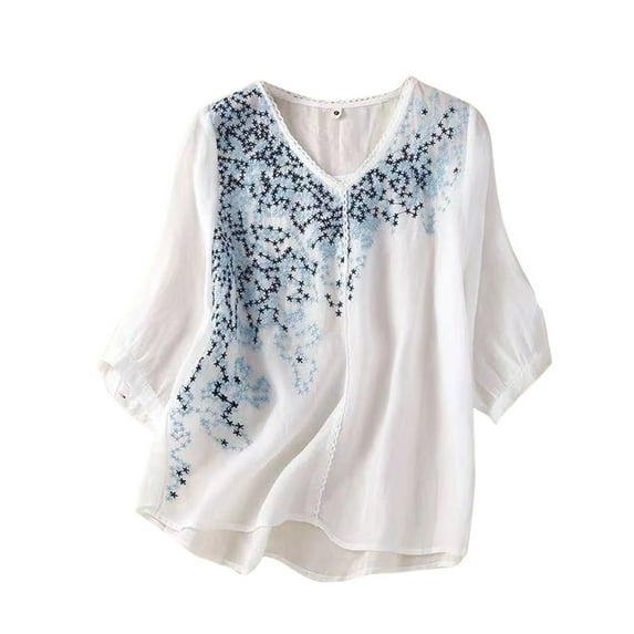 Npasoilc Summer Tops for Women 2024 Cotton And Linen Short Sleeve V Neck Breathable Embroidery Blouse Solid Color Casual Loose T-Shirt Tops