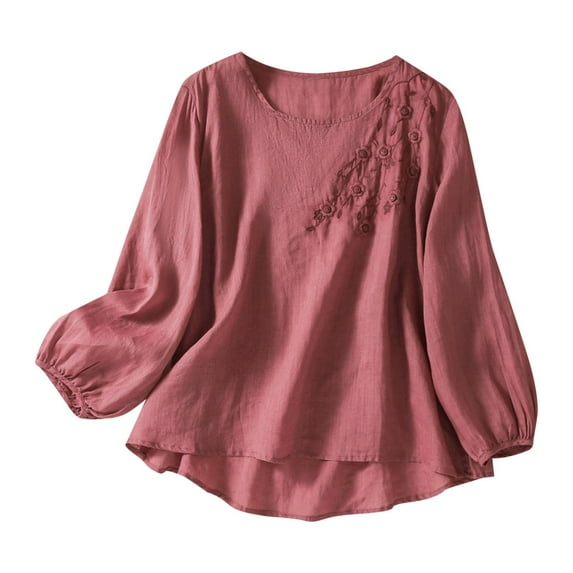 Npasoilc Summer Tops for Women Cotton Linen Elastic Long Sleeve Round Neck Embroidered Blouse Vintage Casual Loose T-shirts