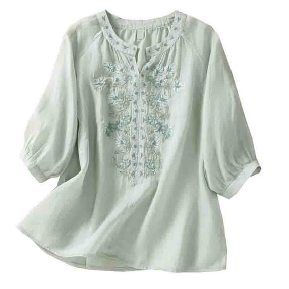 Npasoilc Summer Tops for Women Cotton Linen Vintage 3/4 Sleeve V-Neck Embroidery Lightweight Breathable Blouse Solid Color Casual Loose T-Shirts