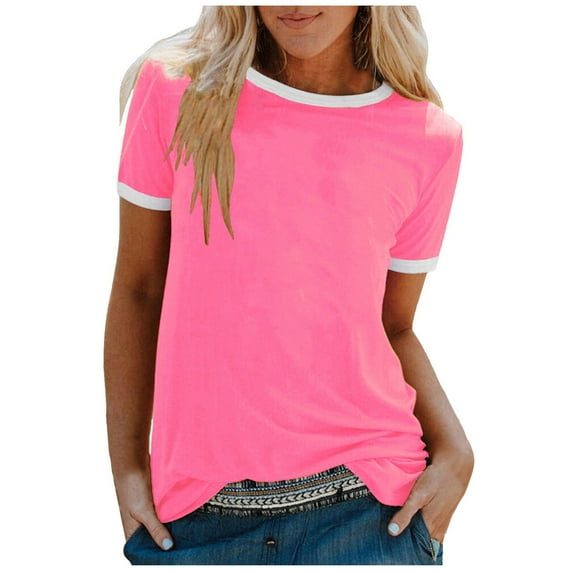 Npasoilc Summer Tops for Women Plus Size Short Sleeve Round Neck Blouse Solid Color Casual Loose Pullover T-shirt Tops