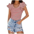 thumbnail image 1 of Npasoilc Summer Tops for Women 2024 Ruffle Sleeve Round Neck Breathable Blouse Stripe Printed Casual T-shirt Tops, 1 of 1