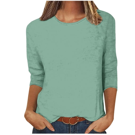 Npasoilc Summer Tops for Women Trendy 3/4 Sleeve Round Neck Breathable Blouse Solid Color Casual Loose T-shirts