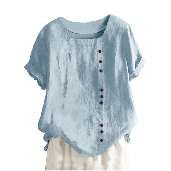 Npasoilc Summer Tops for Women Trendy Short Sleeve Square Neck Button Down Blouse Casual Loose T-shirts