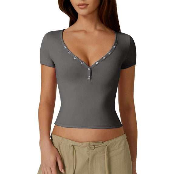 Npasoilc Summer Tops for Women Casual Short Sleeve V-Neck Button Up Cropped Blouse Solid Color Slim-Fit T-shirt