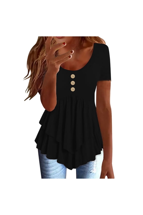 Summer Tops for Women Short Sleeve Tiered Irregular Ruffle Hem Button Decorated Shirts Lightweight Walking T-Shirts Casual Loose Blouse Tops