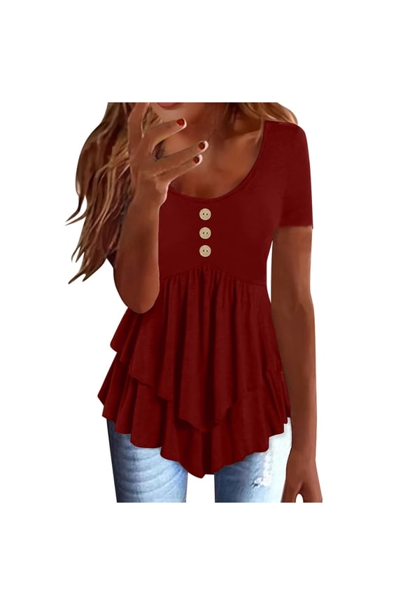 Summer Tops for Women Short Sleeve Tiered Irregular Ruffle Hem Button Decorated Shirts Lightweight Walking T-Shirts Casual Loose Blouse Tops