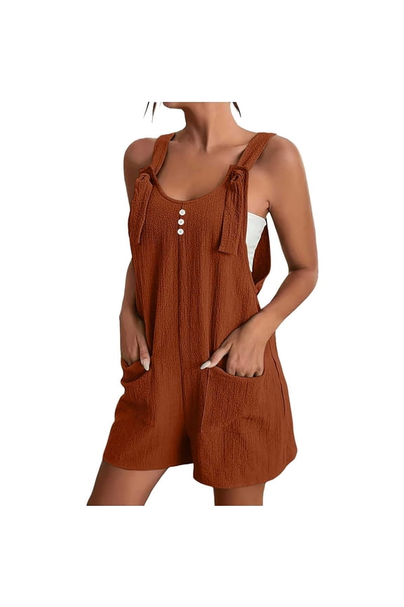 Suspender Short Jumpsuits for Women Crew Neck Sleeveless Solid Color Summer Casual Romper