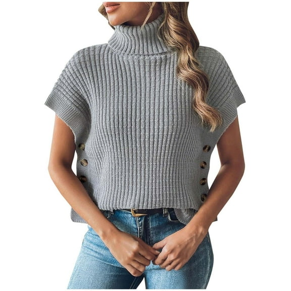 Npasoilc Sweater Vest for Women Short Sleeve Turtleneck Side Button Decorated Pullover Tops Lightweight Comfy Tank Tops Casual Loose Sweaters