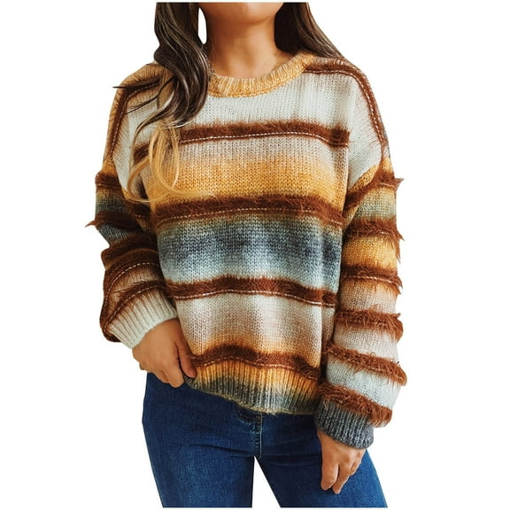 Npasoilc Sweaters For Women Casual Solid Color Long Sleeve Round Neck Gradient Strippullover Sweater Knit Sweater Tops Fall Outfit Cute Sweater